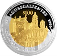 Mexico coin 100 Pesos - Aguascalientes - Gold & Silver Proof Issue (2005) reverse reverse of 100 Pesos - Aguascalientes - Gold & Silver Proof Issue (2005) coin with KM# 862 from Mexico. Inscription: MEXICO Mo 100$ AGUASCALIENTES 2005