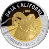 reverse of 100 Pesos - Baja California - Gold & Silver Proof Issue (2005) coin with KM# 863 from Mexico. Inscription: BAJA CALIFORNIA $100 2005 Mo GOBIERNO DEL ESTADO