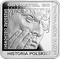 Poland coin 10 Złotych - Grzegorz Ciechowski (2014) reverse reverse of 10 Złotych - Grzegorz Ciechowski (2014) coin with Y# 918 from Poland. Inscription: OBYWATEL GC OBYWATEL ŚWIATA GRZEGORZ CIECHOWSKI HISTORIA POLSKIEJ MUZYKI ROZRYWKOWEJ
