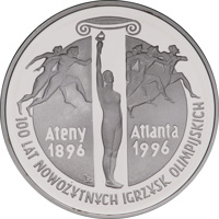 Poland coin 10 Złotych - 100 Years of Olympic Games (1995) reverse reverse of 10 Złotych - 100 Years of Olympic Games (1995) coin with Y# 301 from Poland. Inscription: Ateny Atlanta 1896 1996 RK 100 LAT NOWOŻYTNYCH IGRZYSK OLIMPIJSKICH