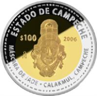 Mexico coin 100 Pesos - Campeche - Gold & Silver Proof Issue (2006) reverse reverse of 100 Pesos - Campeche - Gold & Silver Proof Issue (2006) coin with KM# 865 from Mexico. Inscription: ESTADO DE CAMPECHE $100 2006 Mo MASCARA DE JADE * CALAKMUL, CAMPECHE