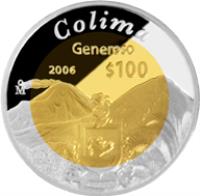 Mexico coin 100 Pesos - Colima - Gold & Silver Proof Issue (2006) reverse reverse of 100 Pesos - Colima - Gold & Silver Proof Issue (2006) coin with KM# 867 from Mexico. Inscription: COLIMA GENEROSO Mo 2006 $100