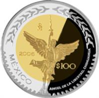 reverse of 100 Pesos - Chihuahua - Gold & Silver Proof Issue (2006) coin with KM# 869 from Mexico. Inscription: Mo 2006 $100 México ANGEL DE LA LIBERTAD, CHIHUAHUA