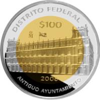 Mexico coin 100 Pesos - Distrito Federal - Gold & Silver Proof Issue (2006) reverse reverse of 100 Pesos - Distrito Federal - Gold & Silver Proof Issue (2006) coin with KM# 870 from Mexico. Inscription: DISTRITO FEDERAL Mo $100 2006 ANTIGUO AYUNTAMIENTO