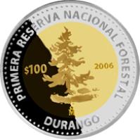 Mexico coin 100 Pesos - Durango - Gold & Silver Proof Issue (2006) reverse reverse of 100 Pesos - Durango - Gold & Silver Proof Issue (2006) coin with KM# 871 from Mexico. Inscription: PRIMERA RESERVA NACIONAL FORESTAL $100 2006 Mo DURANGO