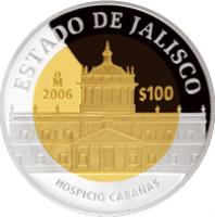 Mexico coin 100 Pesos - Jalisco - Gold & Silver Proof Issue (2006) reverse reverse of 100 Pesos - Jalisco - Gold & Silver Proof Issue (2006) coin with KM# 875 from Mexico. Inscription: ESTADO DE JALISCO Mo 2006 $100 HOSPICIO CABAÑAS