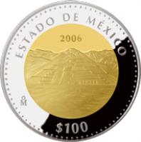 Mexico coin 100 Pesos - México - Gold & Silver Proof Issue (2006) reverse reverse of 100 Pesos - México - Gold & Silver Proof Issue (2006) coin with KM# 876 from Mexico. Inscription: ESTADO DE MEXICO 2006 Mo $100