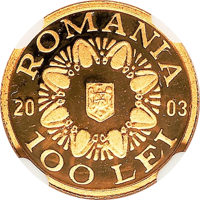 obverse of 100 Lei - History of Gold - Golden Helmet of Poiana Coţofeneşti (1999 - 2003) coin with KM# 198 from Romania. Inscription: ROMANIA 1999 100 LEI