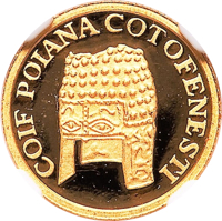 reverse of 100 Lei - History of Gold - Golden Helmet of Poiana Coţofeneşti (1999 - 2003) coin with KM# 198 from Romania. Inscription: COIF POIANA COTOFENESTI