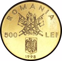 obverse of 500 Lei - 150th Anniversary of the 1848 Romanian Revolution (1998) coin with KM# 136 from Romania. Inscription: ROMANIA 500 LEI 1998