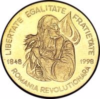 reverse of 500 Lei - 150th Anniversary of the 1848 Romanian Revolution (1998) coin with KM# 136 from Romania. Inscription: LIBERTATE EGALITATE FRATIETATE ROMANIA REVOLUTIONARA 1848 1998