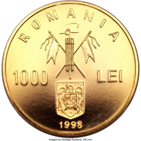 obverse of 1000 Lei - 150th Anniversary of the 1848 Romanian Revolution (1998) coin with KM# 137 from Romania. Inscription: ROMANIA 1000 LEI 1998