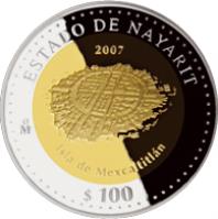 Mexico coin 100 Pesos - Nayarit - Gold & Silver Proof Issue (2007) reverse reverse of 100 Pesos - Nayarit - Gold & Silver Proof Issue (2007) coin with KM# 879 from Mexico. Inscription: ESTADO DE NAYARIT 2007 Mo Isla de Mexcaltitlán $100