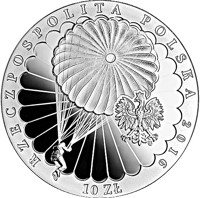 Poland coin 10 Złotych - 75th Anniversary of the First Drop of the Cichociemni Paratroopers (2016) obverse obverse of 10 Złotych - 75th Anniversary of the First Drop of the Cichociemni Paratroopers (2016) coin with Y# 951 from Poland. Inscription: RZECZPOSPOLITA POLSKA 2016 mw 10 ZŁ