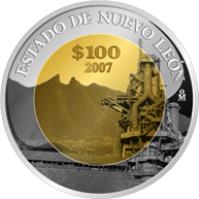 reverse of 100 Pesos - Nuevo León - Gold & Silver Proof Issue (2007) coin with KM# 880 from Mexico. Inscription: ESTADO DE NUEVO LEÓN $100 2007 Mo