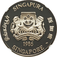 obverse of 10 Dollars - Lunar Year Series (1st edition) - Year of the Tiger (1986) coin with KM# 59a from Singapore. Inscription: SINGAPURA 新加坡 SINGAPORE சிங்கப்பூர் MAJULAH SINGAPURA 1986