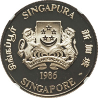 Singapore coin 10 Dollars - Lunar Year Series (1st edition) - Year of the Tiger (1986) obverse obverse of 10 Dollars - Lunar Year Series (1st edition) - Year of the Tiger (1986) coin with KM# 59a from Singapore. Inscription: SINGAPURA 新加坡 SINGAPORE சிங்கப்பூர் MAJULAH SINGAPURA 1986