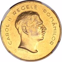 obverse of 20 Lei - Carol II - 10th Anniversary of Reign of Carol II. (1939) coin with KM# M6 from Romania. Inscription: CAROL II REGELE ROMANILOR