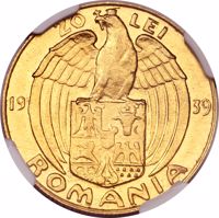 Romania coin 20 Lei - Carol II - 10th Anniversary of Reign of Carol II. (1939) reverse reverse of 20 Lei - Carol II - 10th Anniversary of Reign of Carol II. (1939) coin with KM# M6 from Romania. Inscription: 20 LEI 19 39 ROMANIA