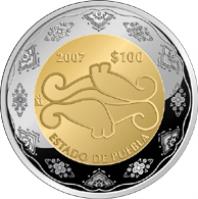 reverse of 100 Pesos - Puebla - Gold & Silver Proof Issue (2007) coin with KM# 882 from Mexico. Inscription: 2007 $100 Mo ESTADO DE PUEBLA