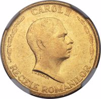 obverse of 20 Lei - Carol II - 10th Anniversary of Reign of Carol II. (1940) coin with KM# M10 from Romania. Inscription: CAROL II REGELE ROMANILOR