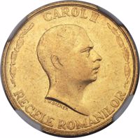 Romania coin 20 Lei - Carol II - 10th Anniversary of Reign of Carol II. (1940) obverse obverse of 20 Lei - Carol II - 10th Anniversary of Reign of Carol II. (1940) coin with KM# M10 from Romania. Inscription: CAROL II REGELE ROMANILOR