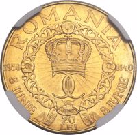 Romania coin 20 Lei - Carol II - 10th Anniversary of Reign of Carol II. (1940) reverse reverse of 20 Lei - Carol II - 10th Anniversary of Reign of Carol II. (1940) coin with KM# M10 from Romania. Inscription: ROMANIA 8 IUNIE 1930 8 IUNIE 1940 20 LEI