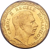 obverse of 20 Lei - Carol II - 10th Anniversary of Reign of Carol II. (1940) coin with KM# M9 from Romania. Inscription: CAROL II REGELE ROMANILOR