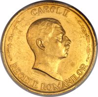 obverse of 100 Lei - Carol II - 10th Anniversary of Reign of Carol II (1940) coin with KM# M12 from Romania. Inscription: CAROL II REGELE ROMANILOR