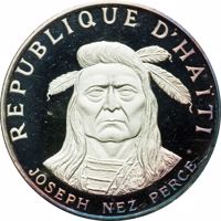 Haiti coin 10 Gourdes - Native American Chieftains Series - Joseph Nez Perce (1971) obverse obverse of 10 Gourdes - Native American Chieftains Series - Joseph Nez Perce (1971) coin with KM# 84 from Haiti. Inscription: REPUBLIQUE D'HAÏTI JOSEPH NEZ PERCE