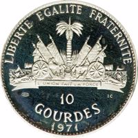 reverse of 10 Gourdes - Native American Chieftains Series - Joseph Nez Perce (1971) coin with KM# 84 from Haiti. Inscription: LIBERTE EGALITE FRATERNITE 1000 IC 10 GOURDES 1971