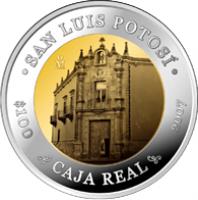 Mexico coin 100 Pesos - San Luis Potosí - Gold & Silver Proof Issue (2007) reverse reverse of 100 Pesos - San Luis Potosí - Gold & Silver Proof Issue (2007) coin with KM# 885 from Mexico. Inscription: *SAN LUIS POTOSÍ* Mo $100 2007 CAJA REAL