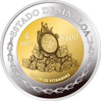 Mexico coin 100 Pesos - Sinaloa - Gold & Silver Proof Issue (2007) reverse reverse of 100 Pesos - Sinaloa - Gold & Silver Proof Issue (2007) coin with KM# 886 from Mexico. Inscription: ESTADO DE SINALOA Mo 2007 $100 LUGAR DE PITAHAYAS