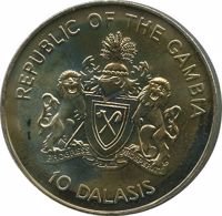 obverse of 10 Dalasis - 1992 Papal Visit to Gambia (1992) coin with KM# 30a from Gambia. Inscription: REPUBLIC OF GAMBIA 10 DALASIS