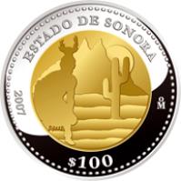reverse of 100 Pesos - Sonora - Gold & Silver Proof Issue (2007) coin with KM# 887 from Mexico. Inscription: ESTADO DE SONORA 2007 Mo $100