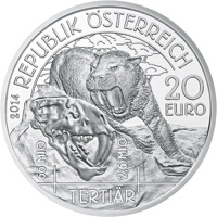 obverse of 20 Euro - Prehistoric Life, Tertiary - Life on the ground (2014) coin with KM# 3234 from Austria. Inscription: 2014 REPUBLIK ÖSTERREICH 20 EURO 66 MIO 2,6 MIO TERTIÄR