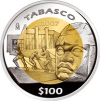 Mexico coin 100 Pesos - Tabasco - Gold & Silver Proof Issue (2007) reverse reverse of 100 Pesos - Tabasco - Gold & Silver Proof Issue (2007) coin with KM# 888 from Mexico. Inscription: TABASCO Mo 2007 $100