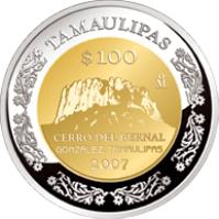 Mexico coin 100 Pesos - Tamaulipas - Gold & Silver Proof Issue (2007) reverse reverse of 100 Pesos - Tamaulipas - Gold & Silver Proof Issue (2007) coin with KM# 889 from Mexico. Inscription: TAMAULIPAS Mo $100 CERRO DEL BERNAL GONZALES, TAMAULIPAS 2007