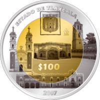 Mexico coin 100 Pesos - Tlaxcala - Gold & Silver Proof Issue (2007) reverse reverse of 100 Pesos - Tlaxcala - Gold & Silver Proof Issue (2007) coin with KM# 890 from Mexico. Inscription: ESTADO DE TLAXCALA Mo $100 2007