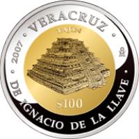 reverse of 100 Pesos - Veracruz - Gold & Silver Proof Issue (2007) coin with KM# 891 from Mexico. Inscription: VERACRUZ DE IGNACIO DE LA LLAVE TAJÍN 2007 Mo $100