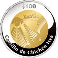 reverse of 100 Pesos - Yucatán - Gold & Silver Proof Issue (2007) coin with KM# 892 from Mexico. Inscription: $100 YUCATÁN 2007 Mo Castillo de Chichén Itzá
