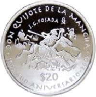 reverse of 20 Pesos - Don Quijote de la Mancha (2005) coin with KM# 704 from Mexico. Inscription: DON QUIJOTE DE LA MANCHA J.G. POSADA Mo 1605-400 ANIVERSARIO-2005