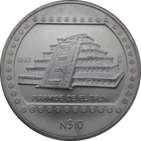 reverse of 10 Nuevo Pesos - El Tajín (1993) coin with KM# 570 from Mexico. Inscription: 1993 Mo PIRAMIDE DE EL TAJIN N$10