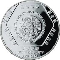 obverse of 5 Nuevo Pesos / 1 Onza - Lápida tumba de Palenque (1994) coin with KM# 575 from Mexico. Inscription: ESTADOS UNIDOS MEXICANOS 1 ONZA DE PLATA LEY 0.999
