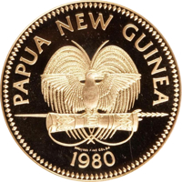 obverse of 100 Kina - Elizabeth II - 5th Anniversary of Independence (1980) coin with KM# 17 from Papua New Guinea. Inscription: PAPUA NEW GUINEA 900/1000 FINE GOLD FM 1980