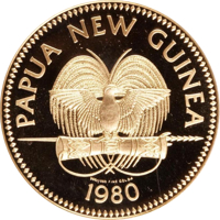 Papua New Guinea coin 100 Kina - Elizabeth II - 5th Anniversary of Independence (1980) obverse obverse of 100 Kina - Elizabeth II - 5th Anniversary of Independence (1980) coin with KM# 17 from Papua New Guinea. Inscription: PAPUA NEW GUINEA 900/1000 FINE GOLD FM 1980