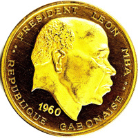 Gabon coin 100 Francs - Independence (1960) obverse obverse of 100 Francs - Independence (1960) coin with KM# 4 from Gabon. Inscription: PRESIDENT LEON MBA 1960 REPUBLIQUE GABONAISE