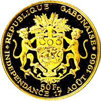 Gabon coin 50 Francs - Independence (1960) reverse reverse of 50 Francs - Independence (1960) coin with KM# 3 from Gabon. Inscription: REPUBLIQUE GABONAISE 50 Fr. INDEPENDANCE 17 AOÛT 1960