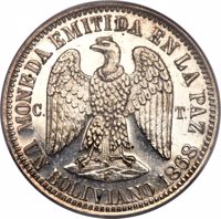 obverse of 1 Boliviano (1868) coin with KM# Pn25 from Bolivia. Inscription: MONEDA EMITIDA EN LA PAZ C.T. UN BOLIVIANO 1868
