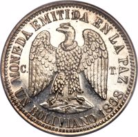 Bolivia coin 1 Boliviano (1868) obverse obverse of 1 Boliviano (1868) coin with KM# Pn25 from Bolivia. Inscription: MONEDA EMITIDA EN LA PAZ C.T. UN BOLIVIANO 1868
